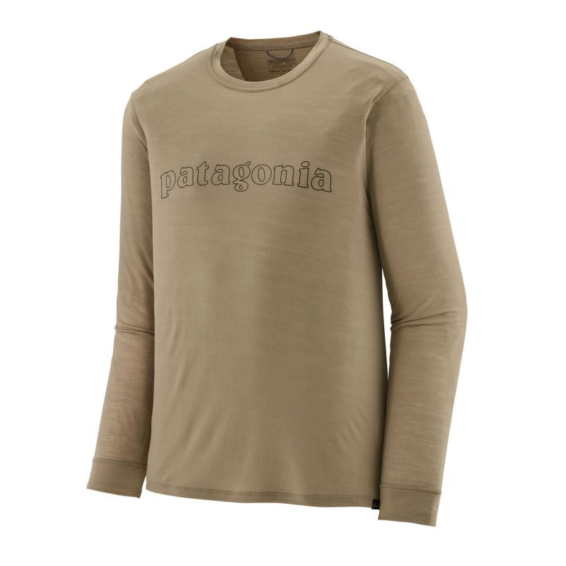 Patagonia M's L/S Cap Cool Merino Blend Graphic Shirt (Outline Text Logo: Seabird Grey)