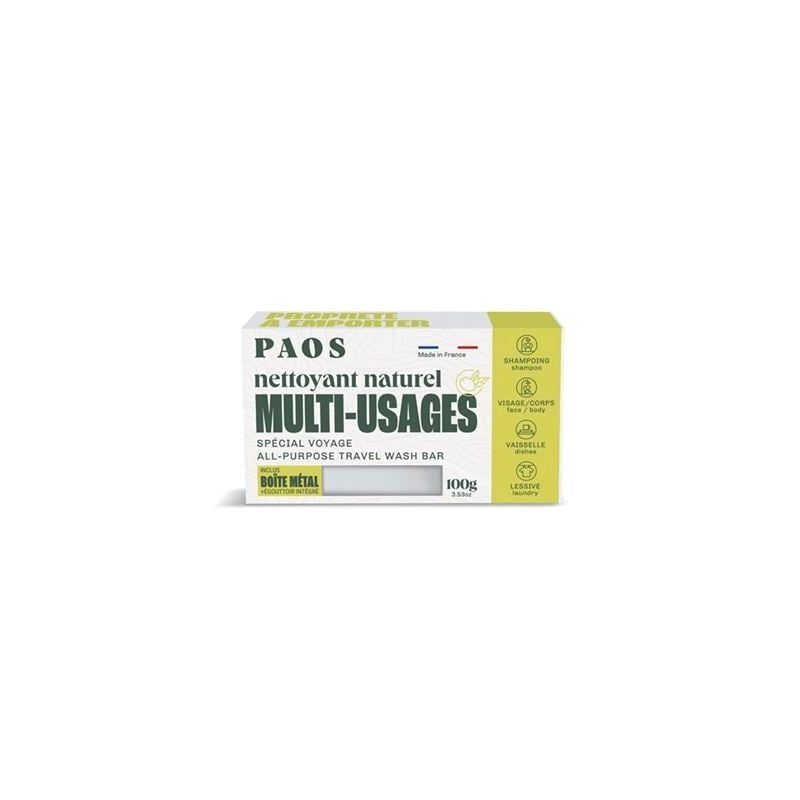 PAOS Kit : Nettoyant solide multi usages (corps cheveux linge vaisselle) + boite métal 