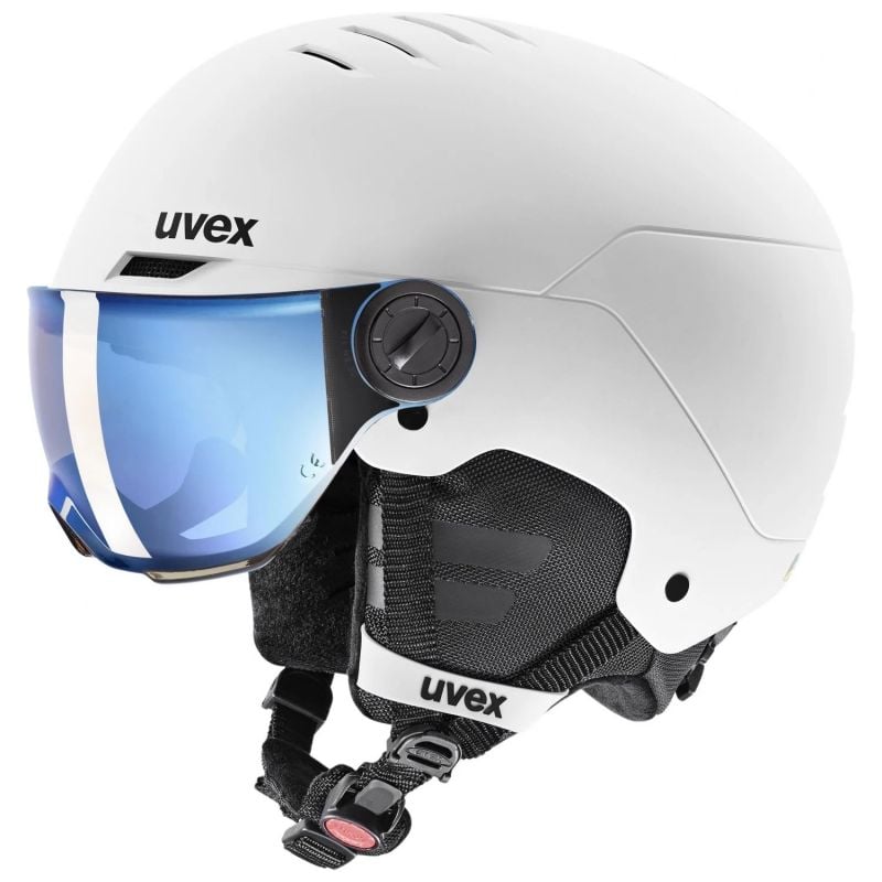 Casque de ski à visière UVEX ROCKET JUNIOR VISOR (WHITE BLACK MAT - S2 MIRROR BLUE) Junior